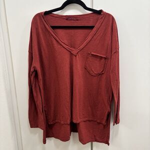 Cut Loose Women’s Sz Small Brick Red Linen Cotton Blend Jersey Deep V-neck Top